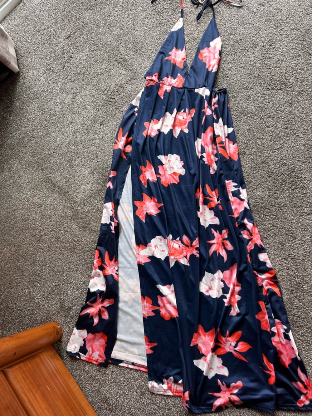 Navy Floral Halter Maxi Dress with Pink & White Blooms